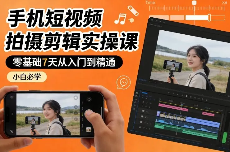 手机短视频拍摄剪辑实操课，零基础7天从入门到精通，小白必学-Tox源码网