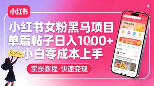 小红书女粉黑马项目，单篇帖子日入1k+，小白零成本上手-Tox源码网