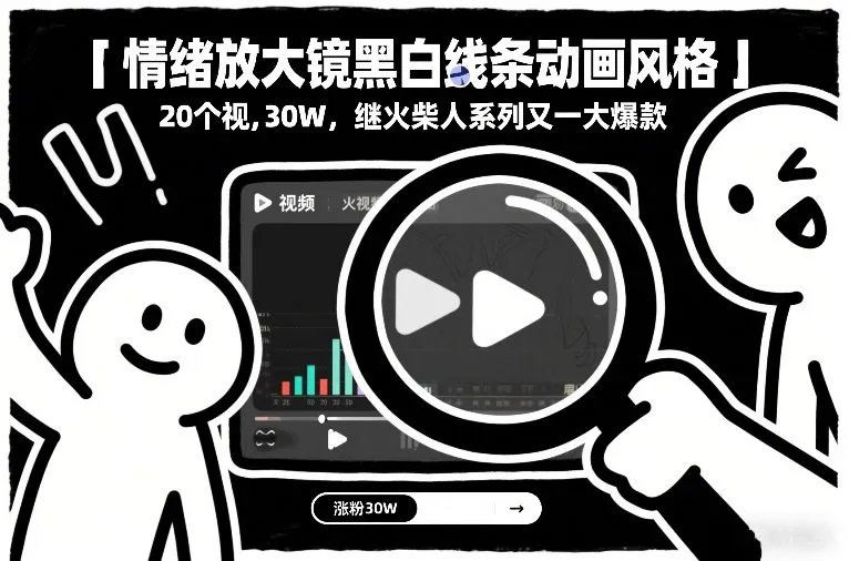 情绪放大镜黑白线条动画风格，20个视频，涨粉30W，继火柴人系列又一大爆款-Tox源码网